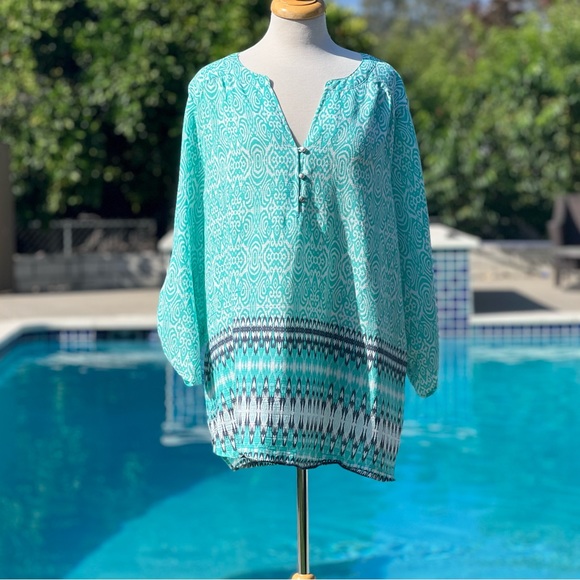 Kim Rogers Aqua and Black Patterned Blouse - Picture 3 of 11